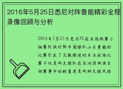 2016年5月25日悉尼对阵鲁能精彩全程录像回顾与分析